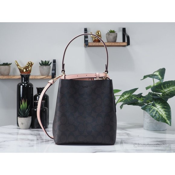 NWT Coach Small Brown Signature Canvas Shell Pink Town Bucket Crossbody Bag NEW - Picture 3 of 9